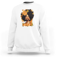 White crewneck sweatshirt with front portrait graphic and floral wreath