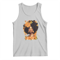 Light gray women’s graphic tank top with afro portrait and floral design