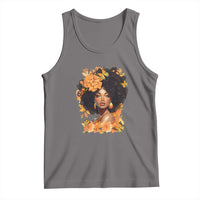 Women’s sleeveless graphic tank top in dark gray with floral portrait front print