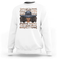 Ladies Juneteenth sweatshirt in white with colorful portrait graphic and text on front