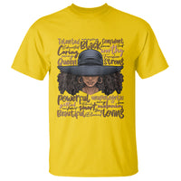 Ladies Juneteenth graphic T-shirt, yellow, with woman portrait and inspirational text