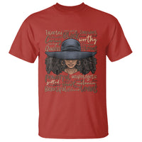 Ladies Juneteenth graphic T-shirt, red, with woman portrait and inspirational text