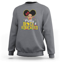 Crew-neck gray heather sweatshirt with colorful "Pretty Black & Educated" afro queen graphic