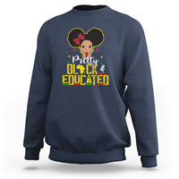 Crew-neck navy sweatshirt with colorful "Pretty Black & Educated" afro queen graphic