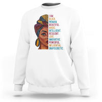 White crewneck sweatshirt with woman face graphic and vertical inspirational text.
