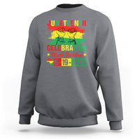 Dark heather crewneck Juneteenth graphic sweatshirt with colorful “Black Freedom 6-19-1865” print