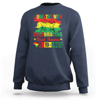 Navy crewneck Juneteenth graphic sweatshirt with colorful “Black Freedom 6-19-1865” print