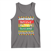 Dark gray tank top with Juneteenth 'Believe, Achieve, Succeed' graphic