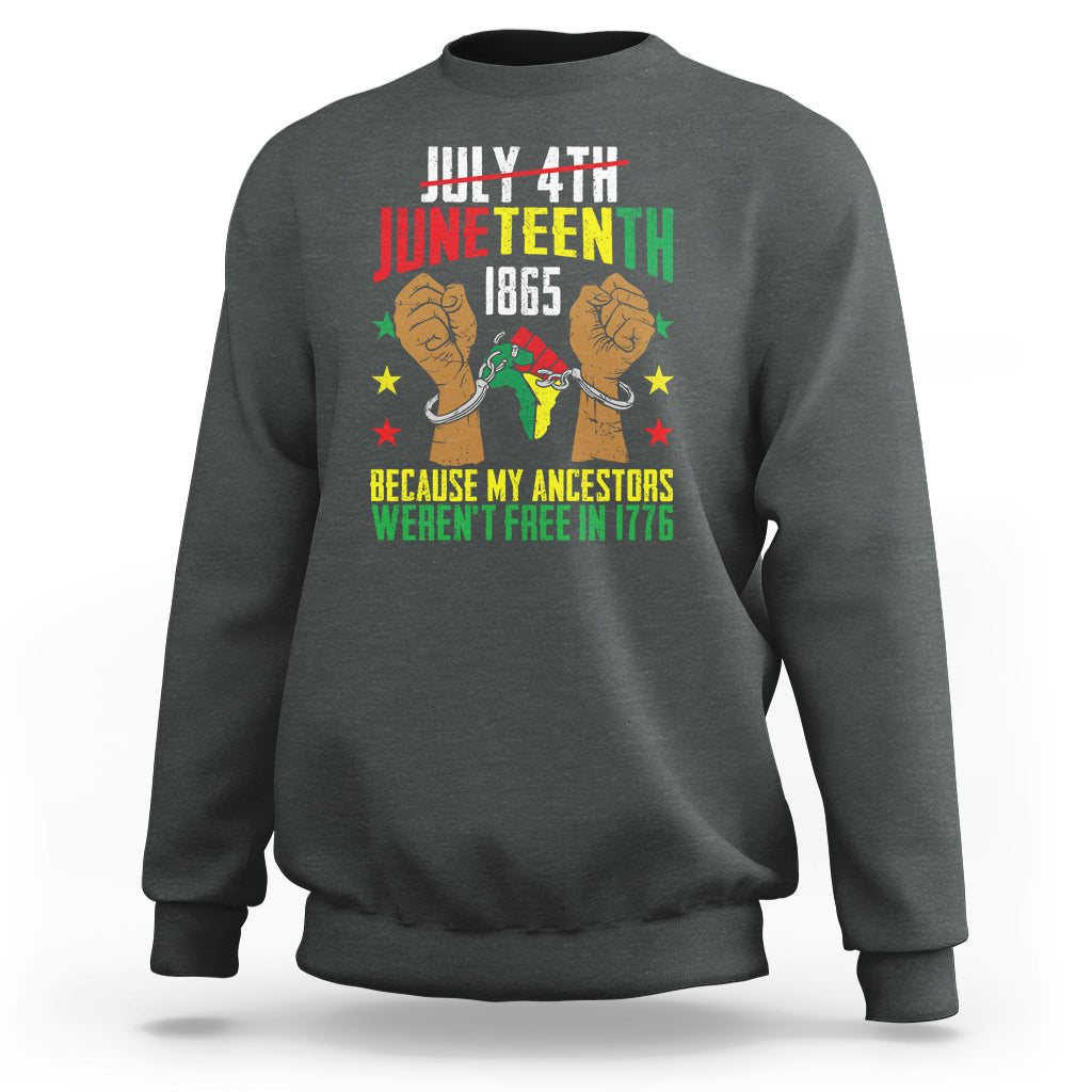 Dark gray crewneck sweatshirt with colorful patriotic graphic print on chest
