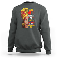 Women’s sweatshirt in charcoal gray with front graphic text and portrait print.
