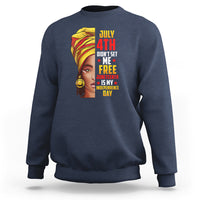 Women’s sweatshirt in blue with front graphic text and portrait print.