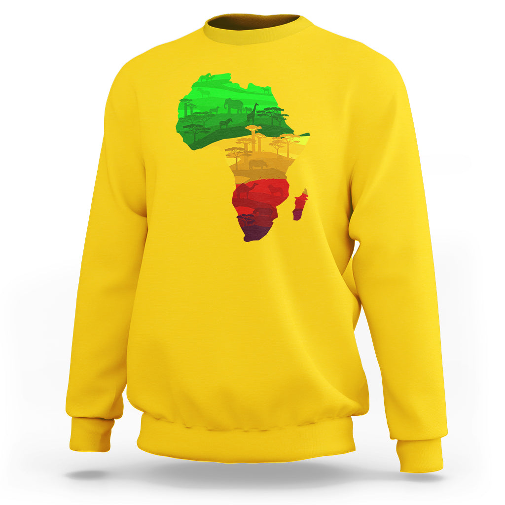 Yellow sweatshirt with multicolor Africa map graphic on the front
