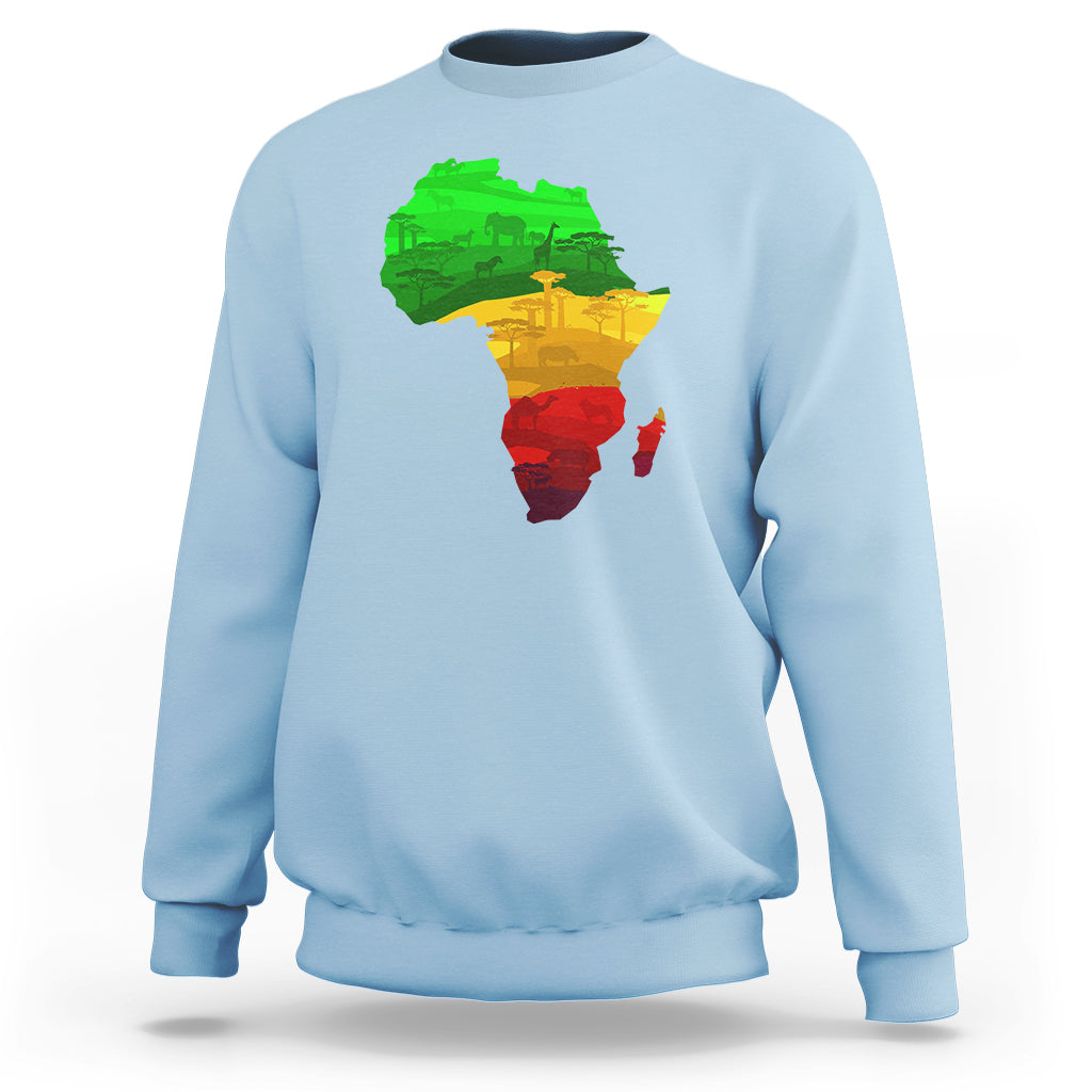Light blue sweatshirt with multicolor Africa map graphic on the front