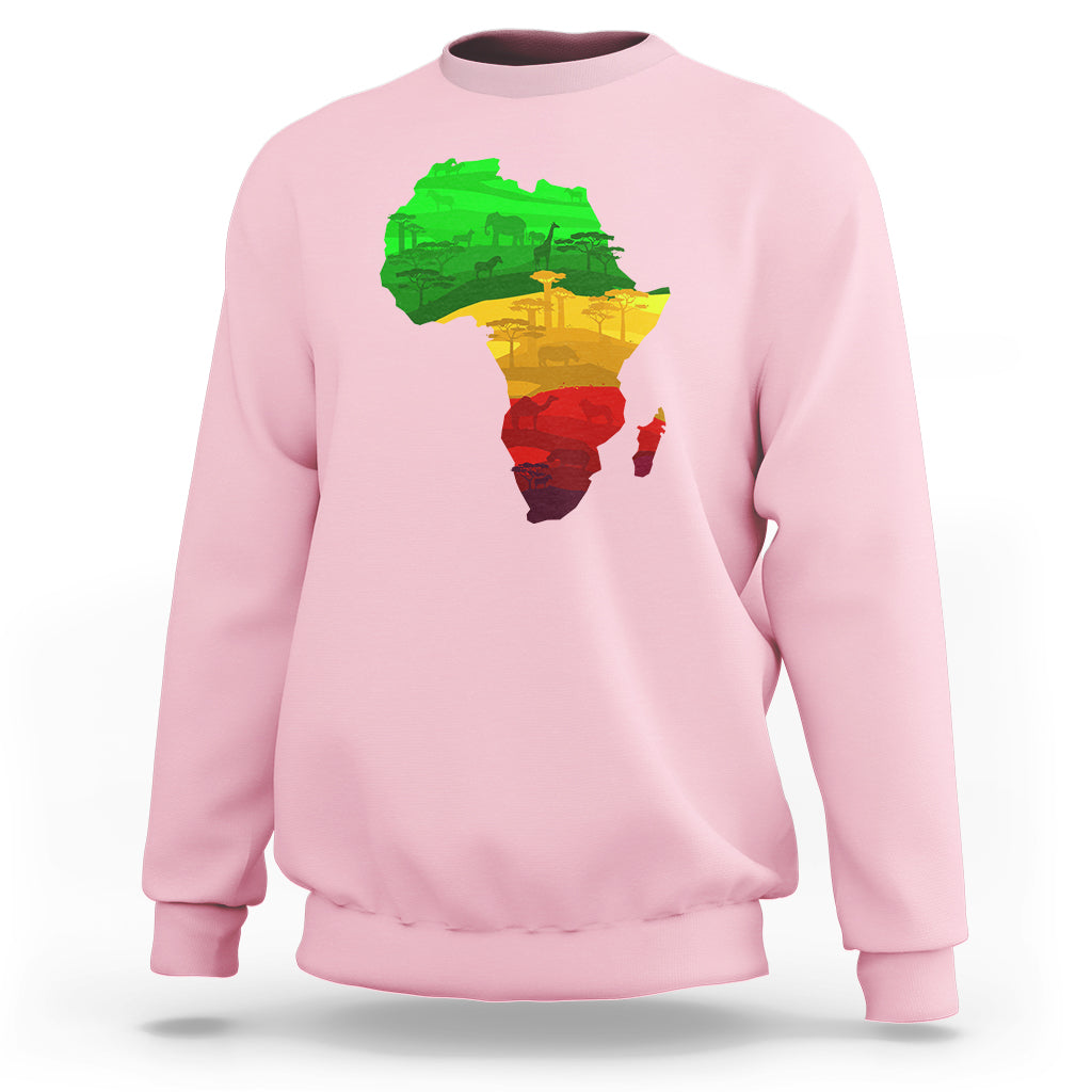 Light pink sweatshirt with multicolor Africa map graphic on the front