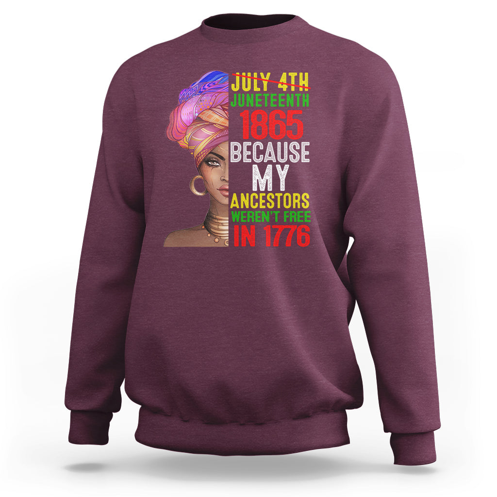 Men's maroon crewneck sweatshirt with colorful Juneteenth 1865 front graphic.