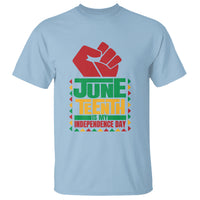 Light blue Juneteenth independence day t-shirt with red fist and June Tenth graphic