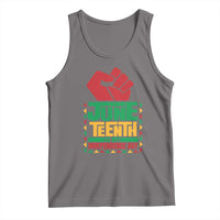 Gray graphic tank top with raised fist and colorful Juneteenth text block