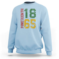 Light blue Juneteenth sweatshirt with multicolor “18” and “65” graphic on front