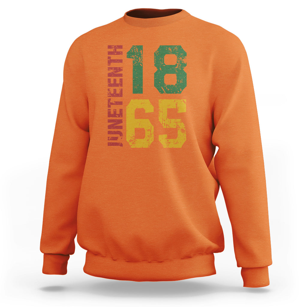 Orange Juneteenth sweatshirt with multicolor “18” and “65” graphic on front