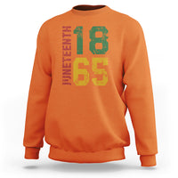 Orange Juneteenth sweatshirt with multicolor “18” and “65” graphic on front