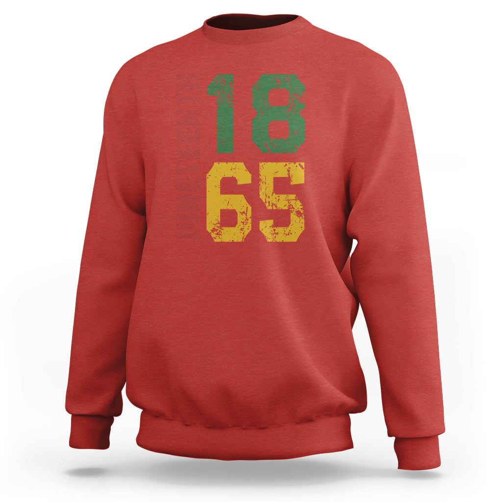 Red Juneteenth sweatshirt with multicolor “18” and “65” graphic on front