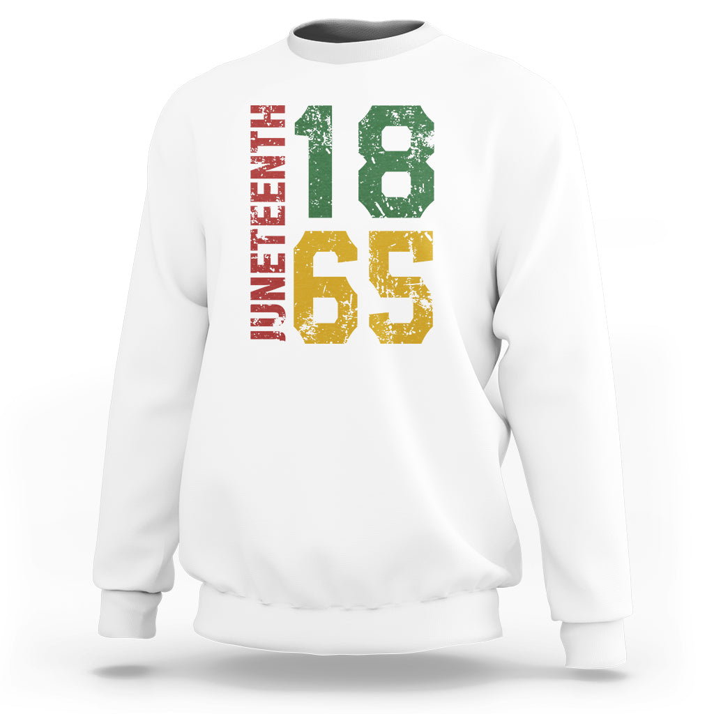 White Juneteenth sweatshirt with multicolor “18” and “65” graphic on front