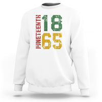 White Juneteenth sweatshirt with multicolor “18” and “65” graphic on front