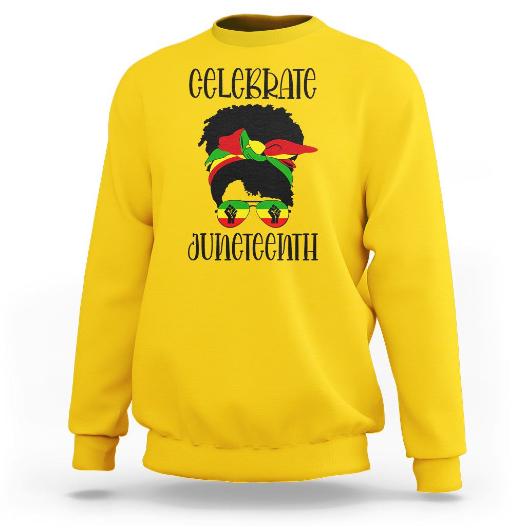 Women's daisy yellow sweatshirt with “Celebrate Juneteenth” front graphic, long sleeves