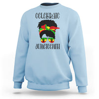 Women's light blue sweatshirt with “Celebrate Juneteenth” front graphic, long sleeves