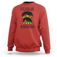 Women's red sweatshirt with “Celebrate Juneteenth” front graphic, long sleeves