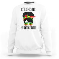 Women's white sweatshirt with “Celebrate Juneteenth” front graphic, long sleeves