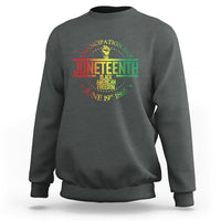 Dark heather crewneck sweatshirt with Juneteenth graphic and Emancipation Day text