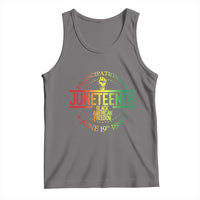 Tank top with 'Juneteenth' graphic, American freedom text, and June 19, 1865 in dark heather