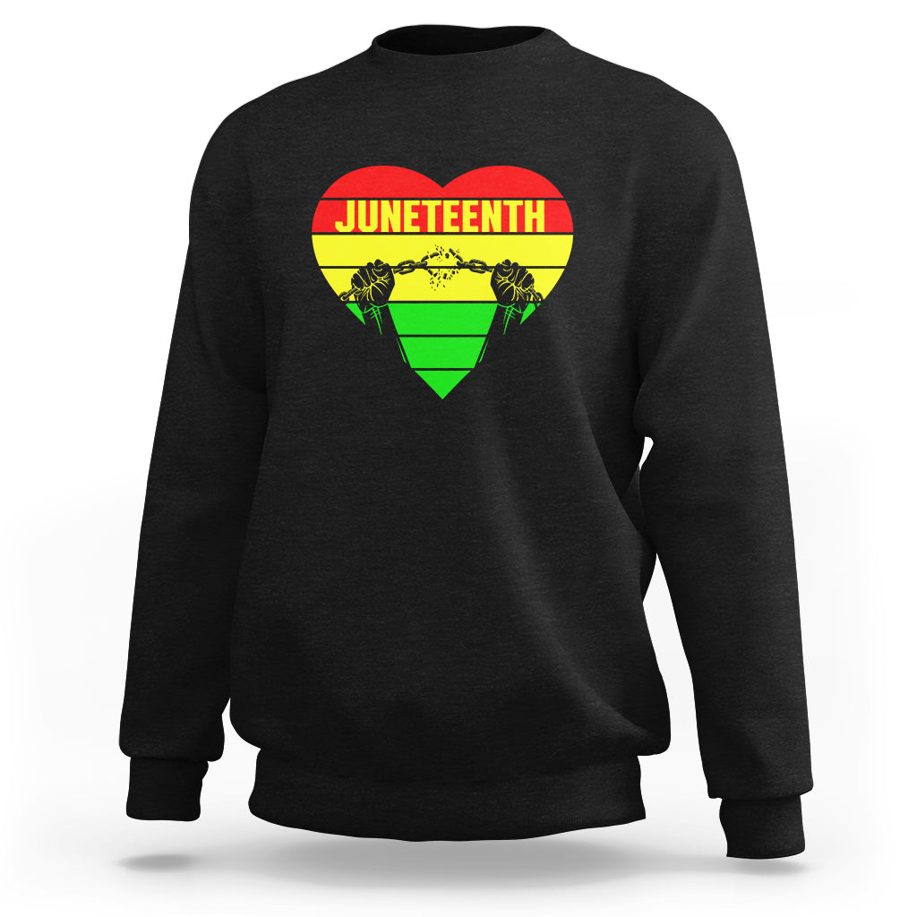 Black crewneck sweatshirt with Juneteenth heart and chain graphic
