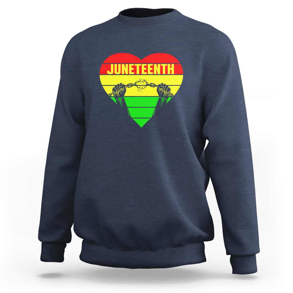 Navy crewneck sweatshirt with Juneteenth heart and chain graphic