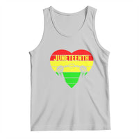 Light gray Juneteenth tank top with rainbow striped heart graphic