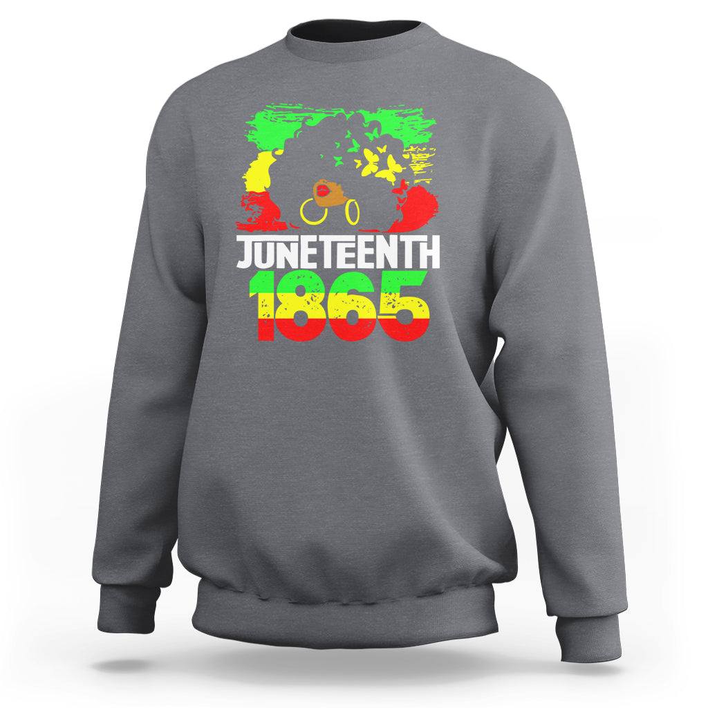 Juneteenth 1865 afro woman graphic sweatshirt, dark heather gray crewneck with ribbed cuffs.