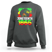 Juneteenth 1865 afro woman graphic sweatshirt, charcoal heather crewneck with ribbed cuffs.
