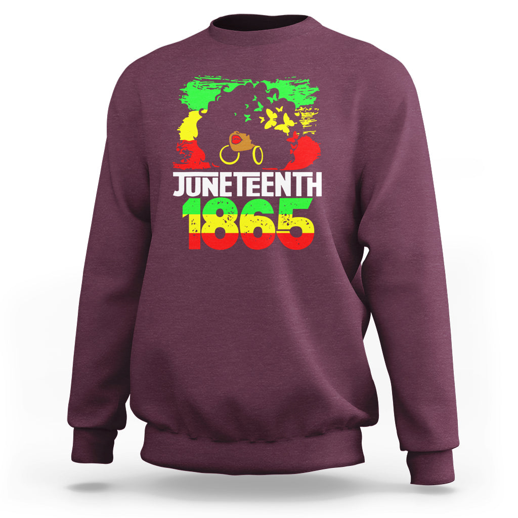 Juneteenth 1865 afro woman graphic sweatshirt, maroon crewneck with ribbed cuffs and hem.