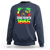 Juneteenth 1865 afro woman graphic sweatshirt, blue crewneck with ribbed cuffs and hem.