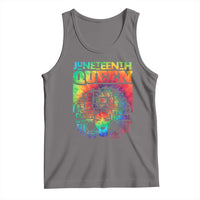 Women's gray graphic tie-dye style tank top with Juneteenth Queen text front