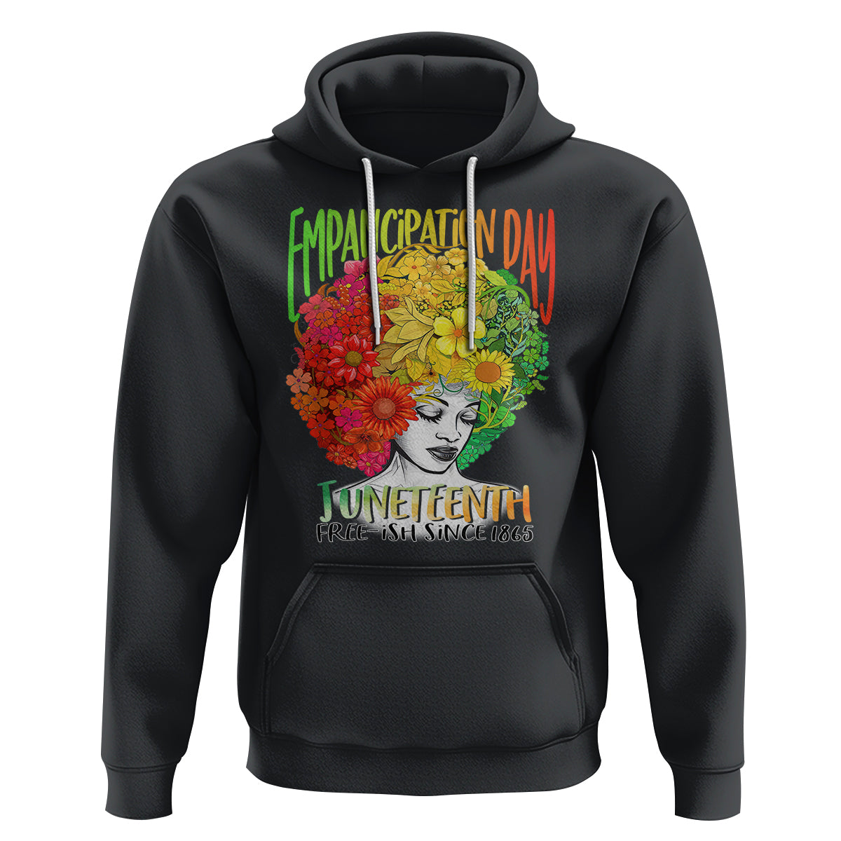 Black pullover hoodie with front floral portrait graphic and Juneteenth text