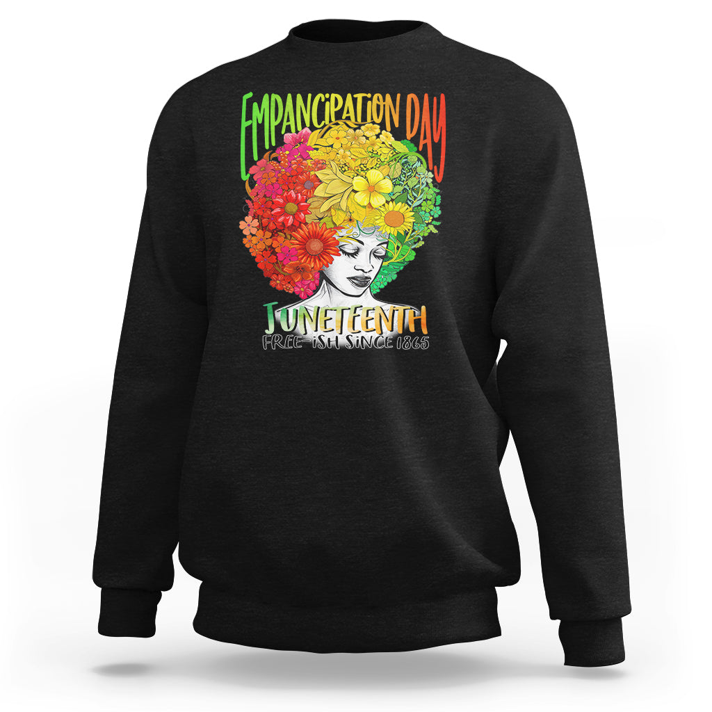 Black sweatshirt with flower-haired portrait graphic on front