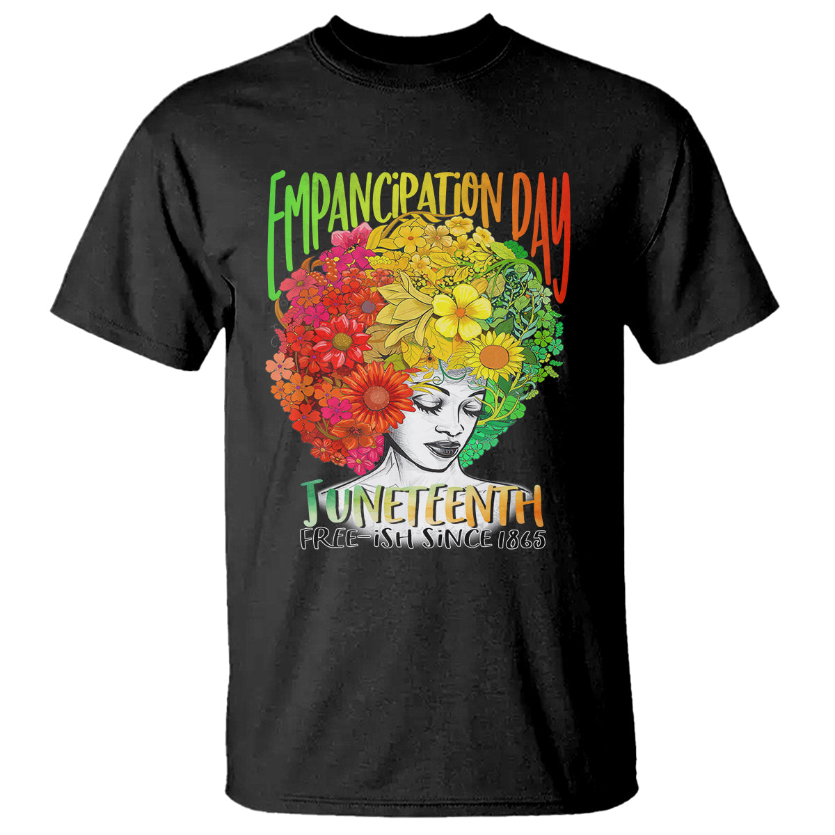 Women’s black graphic T-shirt with floral woman portrait and “Juneteenth” text