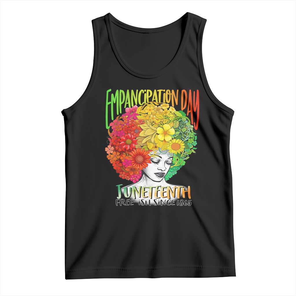 Black Juneteenth graphic tank top with floral portrait and Juneteenth Freeish Since 1865