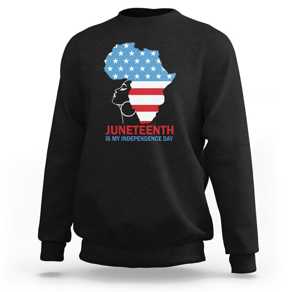 Black sweatshirt with Juneteenth stars-and-stripes face graphic and 'Juneteenth is my independence day'.