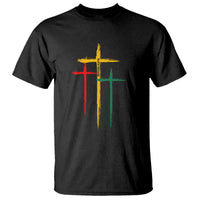 Black crewneck T-shirt with multicolor cross graphic on the chest
