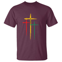 Maroon crewneck T-shirt with multicolor cross graphic on the chest