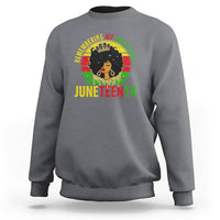 Gray heather women’s sweatshirt with colorful Juneteenth front graphic