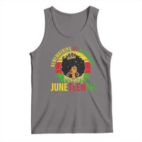 Gray sleeveless tank top with front graphic and text JUNETEENTH and Remembering My Ancestors